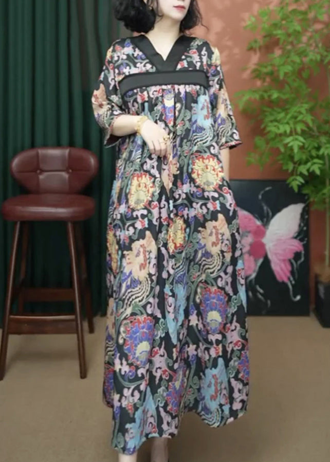 Yellow Print Neck V Loose Long Cotton Summer Dresses