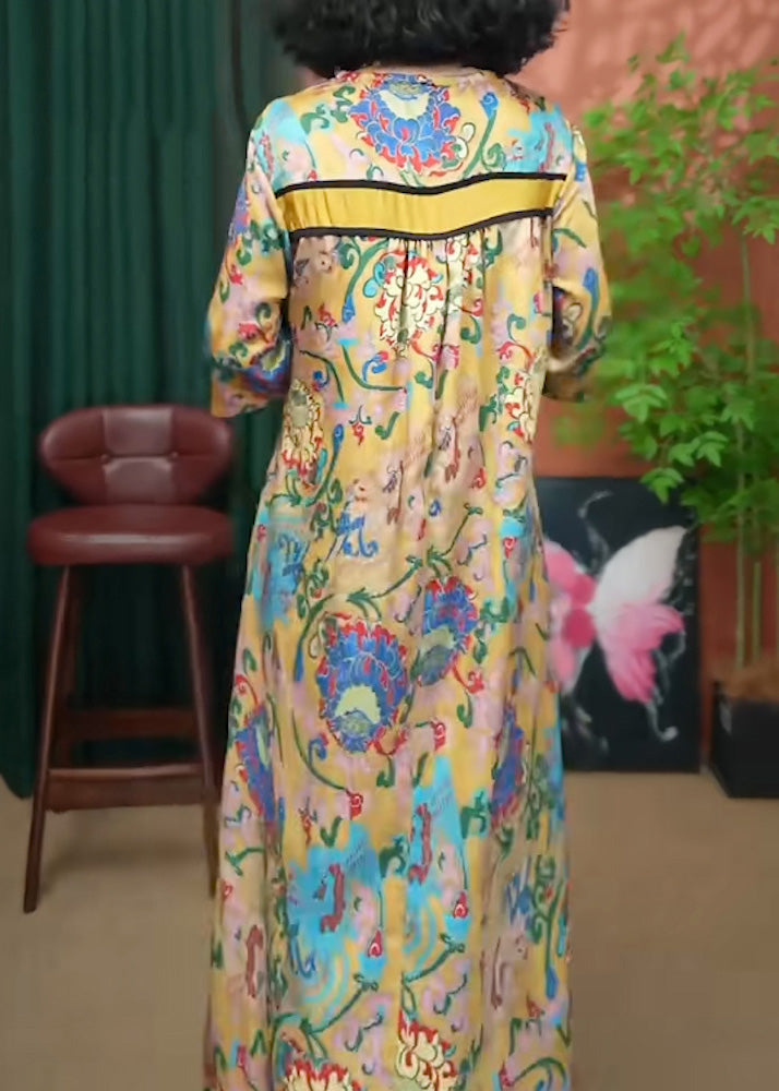 Yellow Print Neck V Loose Long Cotton Summer Dresses