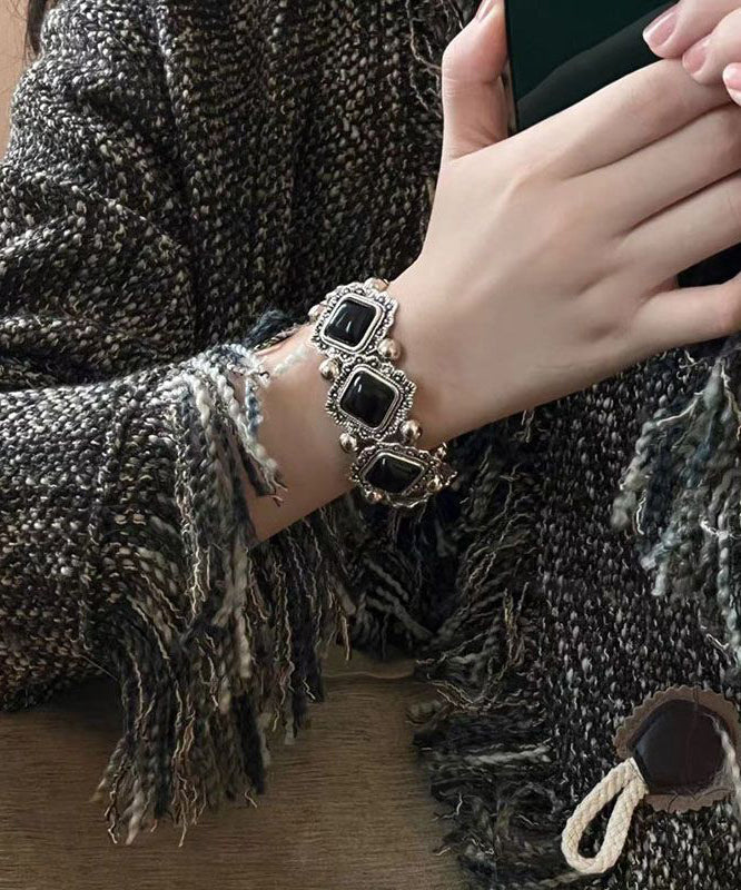 Floral Sterling Two-Piece Stone Silver Set Bracelet Chain Black Modern Gem