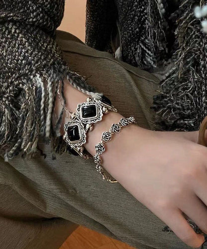 Floral Sterling Two-Piece Stone Silver Set Bracelet Chain Black Modern Gem