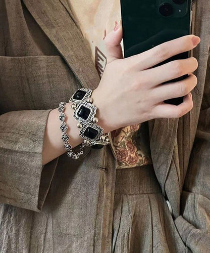 Floral Sterling Two-Piece Stone Silver Set Bracelet Chain Black Modern Gem