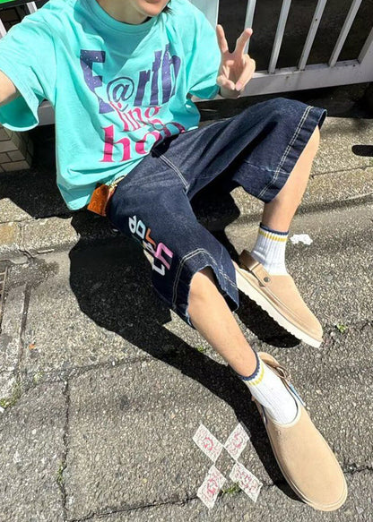 Summer Denim Letter Waist Mens Pants High Blue Modern Crop