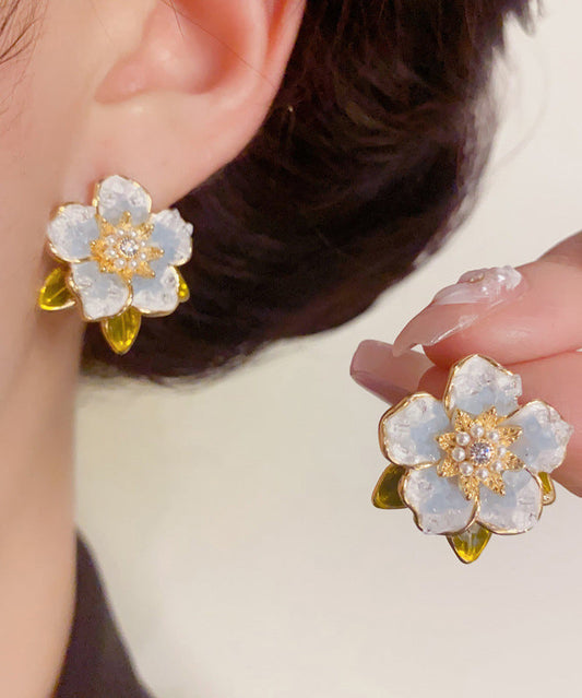 Earrings Overgild Camellia Blue Stud Modern Pearl Zircon Sterling Silver