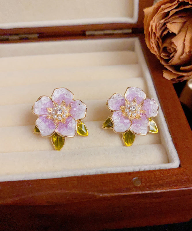 Earrings Overgild Camellia Blue Stud Modern Pearl Zircon Sterling Silver