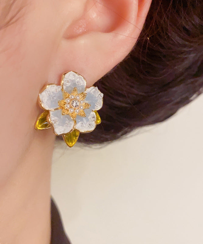 Earrings Overgild Camellia Blue Stud Modern Pearl Zircon Sterling Silver