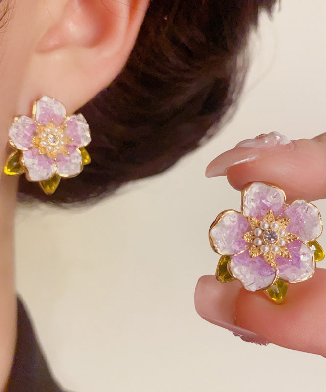 Earrings Overgild Camellia Blue Stud Modern Pearl Zircon Sterling Silver