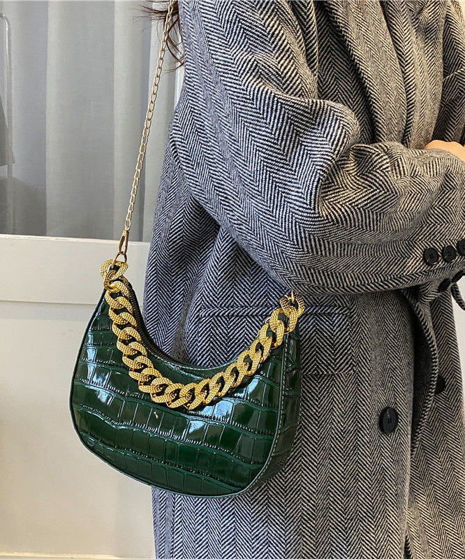 Green Faux Modern Linked Shoulder Bags Leather Chain