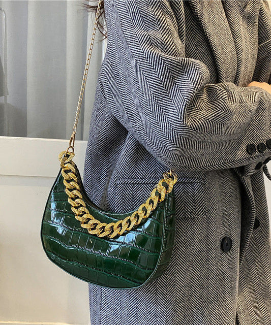 Green Faux Modern Linked Shoulder Bags Leather Chain