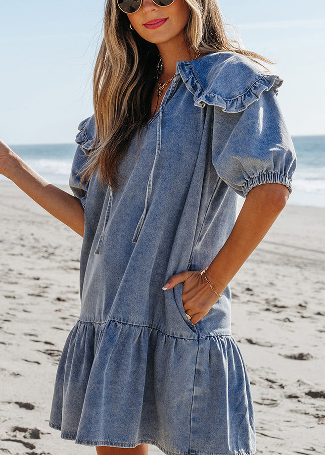 Dresses Natural Denim Sailor Blue Patchwork Collar Summer Mid
