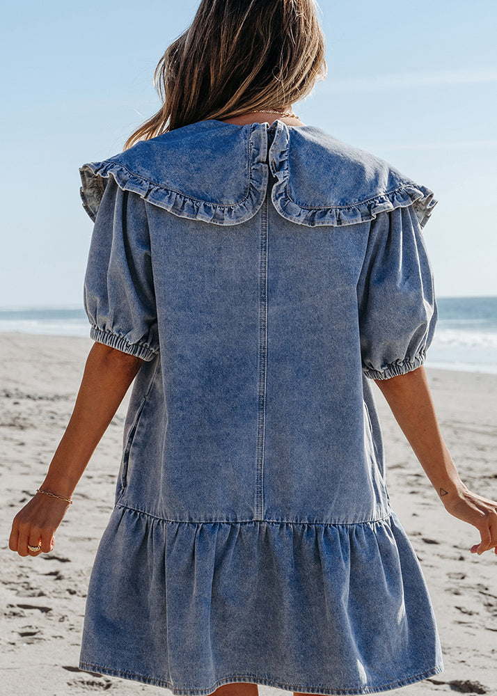 Dresses Natural Denim Sailor Blue Patchwork Collar Summer Mid