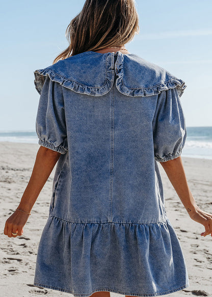 Dresses Natural Denim Sailor Blue Patchwork Collar Summer Mid