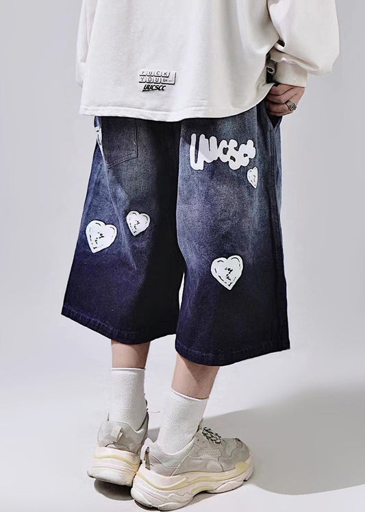 Blue Summer Shorts Mens Waist Lace Print Up New Elastic