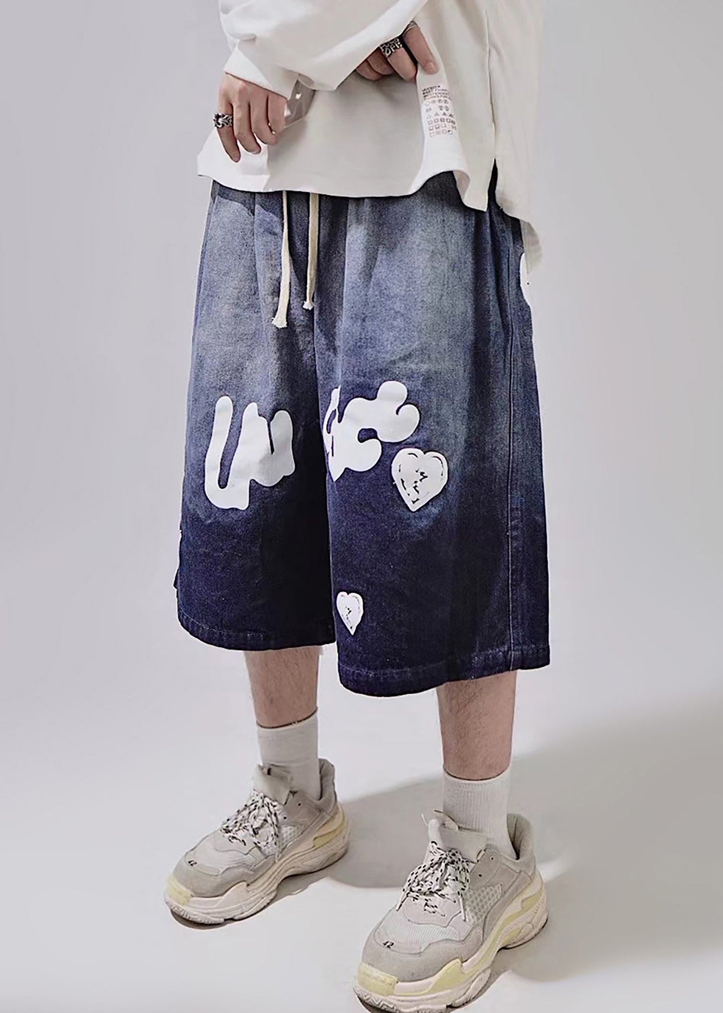 Blue Summer Shorts Mens Waist Lace Print Up New Elastic