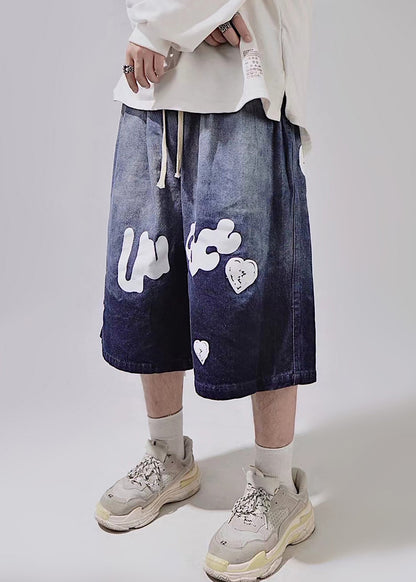 Blue Summer Shorts Mens Waist Lace Print Up New Elastic