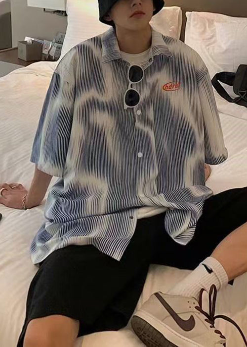 Cotton Mens Blue New Sleeve Shirts Striped Half Button