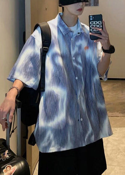 Cotton Mens Blue New Sleeve Shirts Striped Half Button