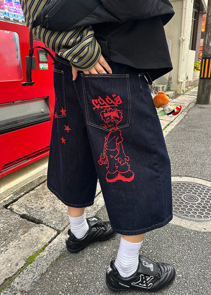 Crop Print Men Denim Pockets Summer New Navy Pants