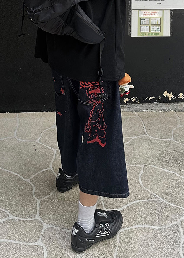 Crop Print Men Denim Pockets Summer New Navy Pants