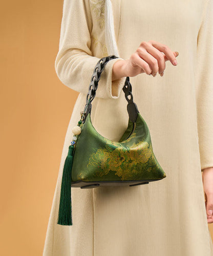 Green Tote Bag Tassel Silk Print New Blackish Retro