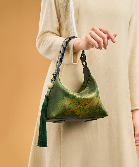 Green Tote Bag Tassel Silk Print New Blackish Retro