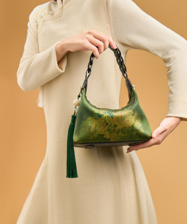 Green Tote Bag Tassel Silk Print New Blackish Retro