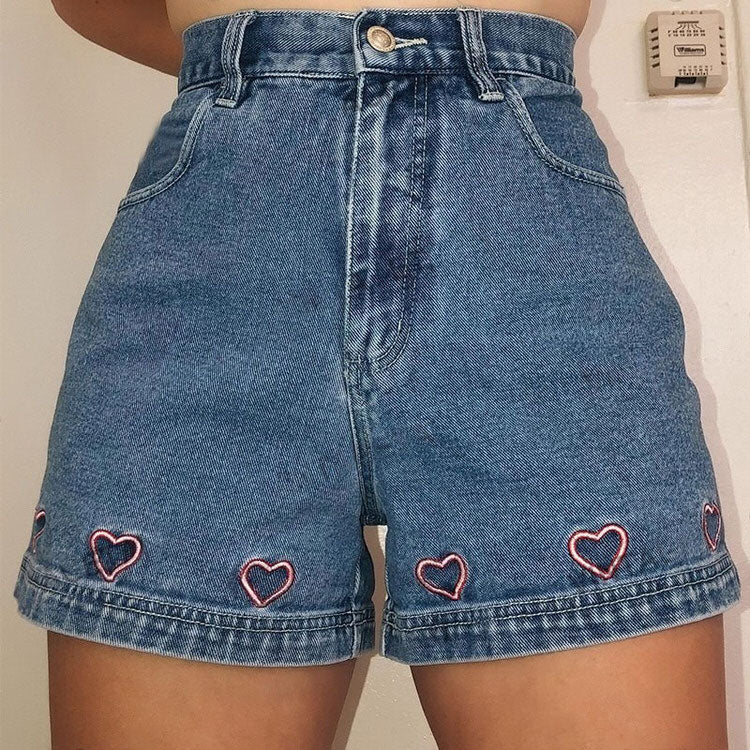 Heart Embroidery Denim Shorts