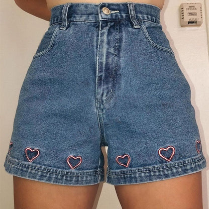 Heart Embroidery Denim Shorts