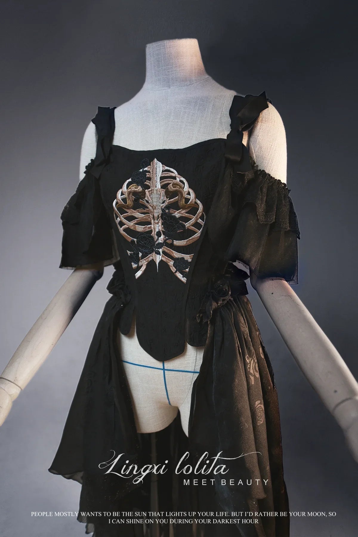 (BFM)Lingxi Lolita~Bone island Gothic Lolita Corset Goth Blouse Skirt Set   