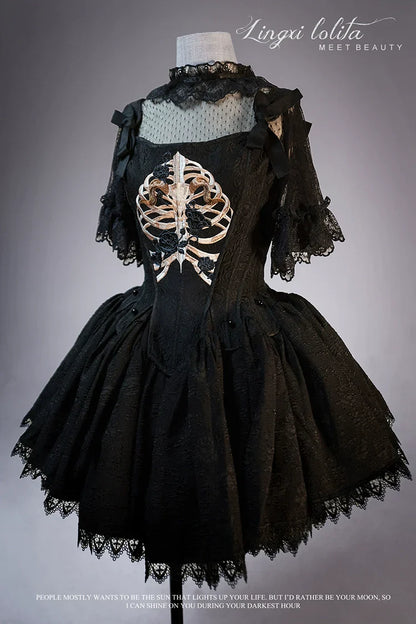 (BFM)Lingxi Lolita~Bone island Gothic Lolita Corset Goth Blouse Skirt Set   