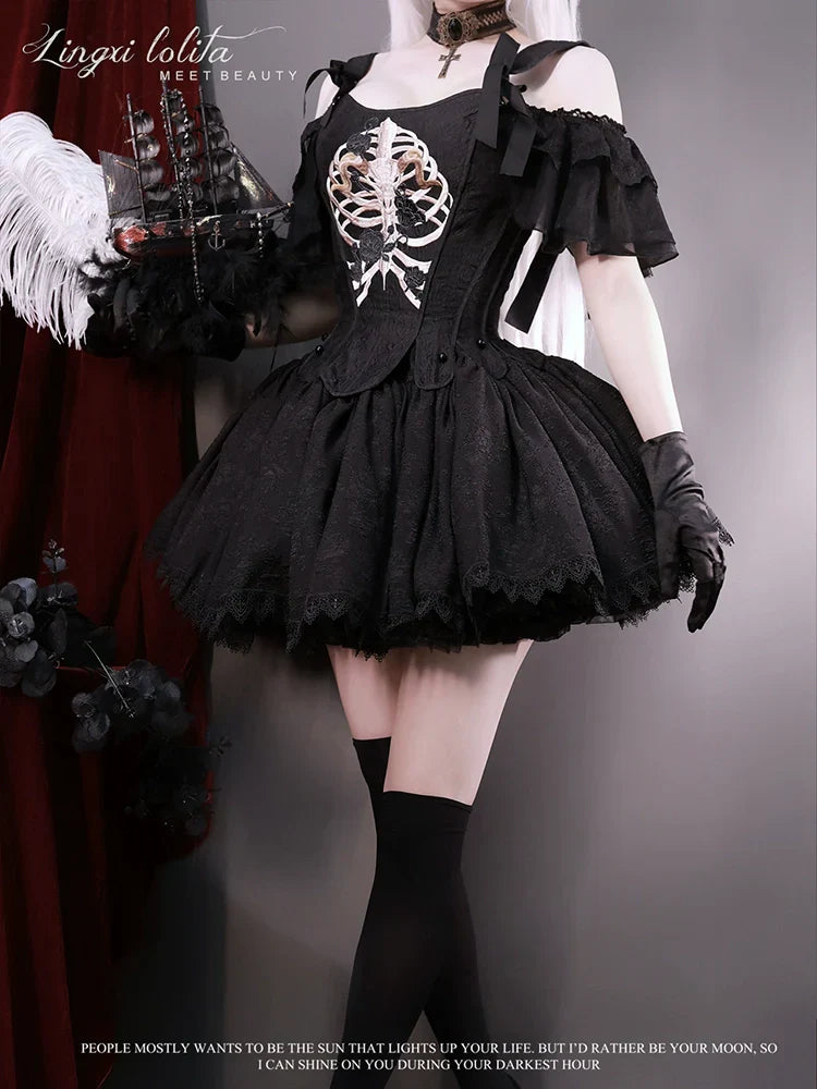 (BFM)Lingxi Lolita~Bone island Gothic Lolita Corset Goth Blouse Skirt Set   