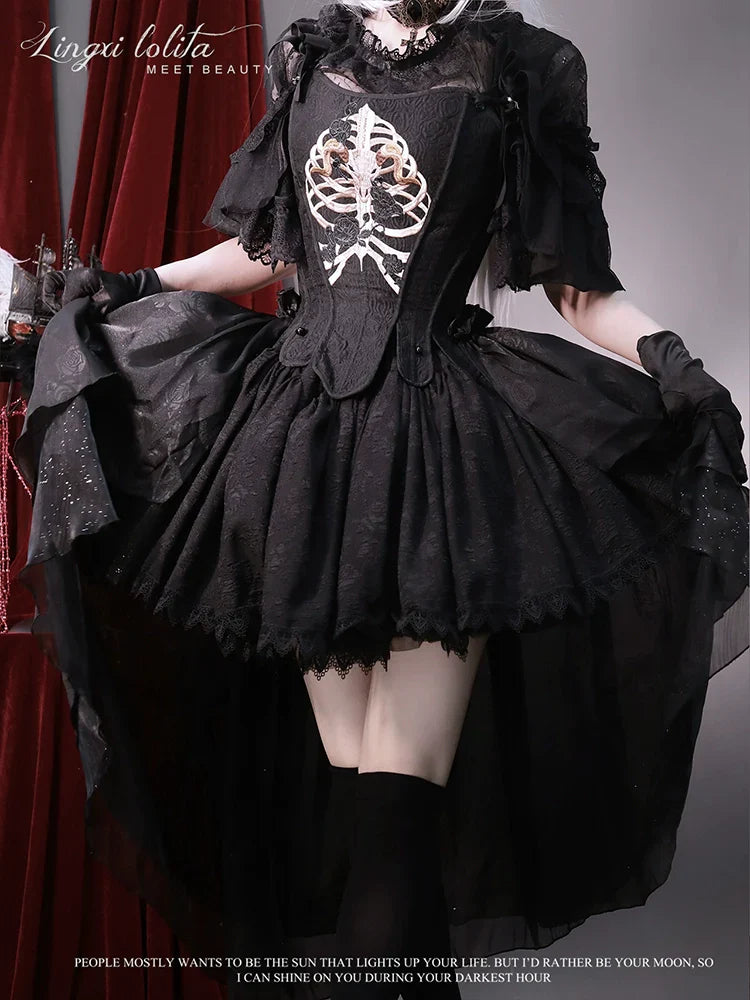 (BFM)Lingxi Lolita~Bone island Gothic Lolita Corset Goth Blouse Skirt Set   