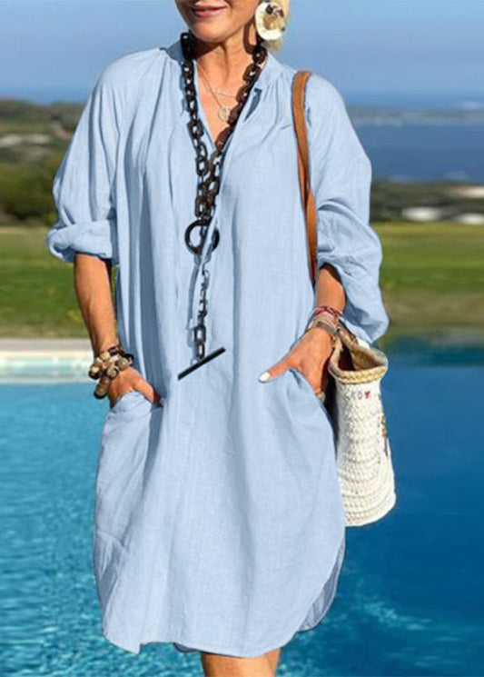 Vacation Light Organic Neck Dresses Patchwork Pockets Blue Mid V