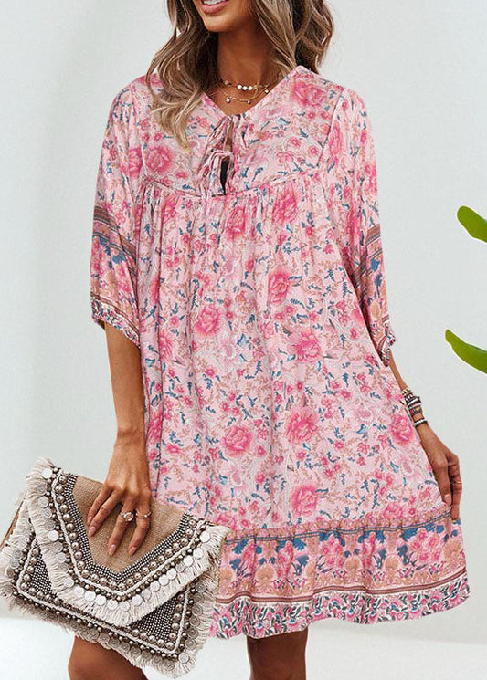 Dress Pink Mid Organic Summer Patchwork Wrinkled Holiday