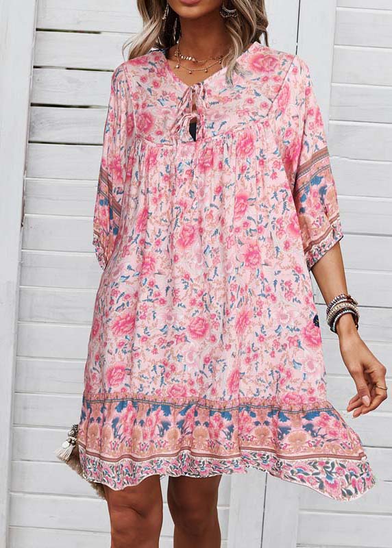 Dress Pink Mid Organic Summer Patchwork Wrinkled Holiday