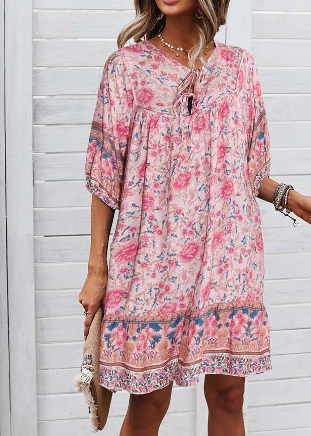 Dress Pink Mid Organic Summer Patchwork Wrinkled Holiday