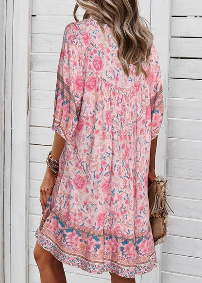 Dress Pink Mid Organic Summer Patchwork Wrinkled Holiday