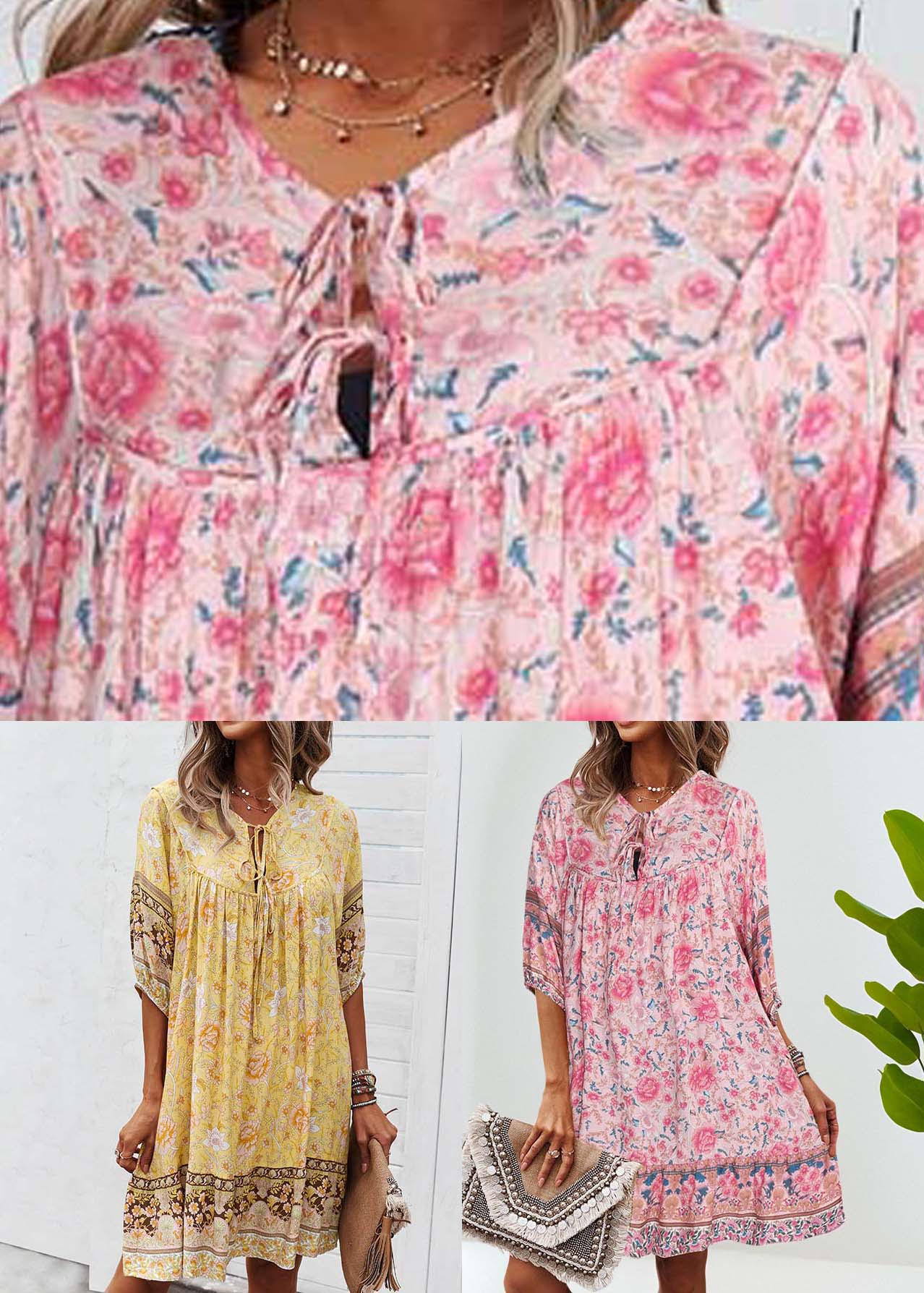 Dress Pink Mid Organic Summer Patchwork Wrinkled Holiday