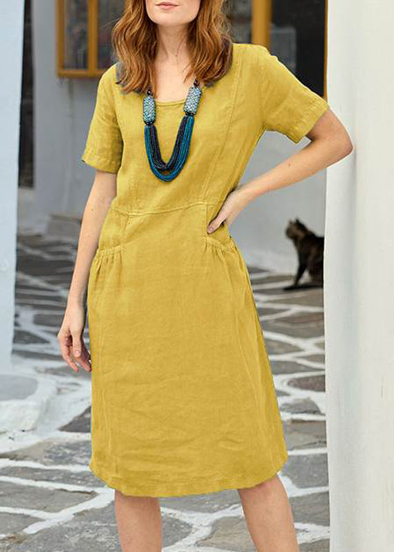 Long Sleeve Pockets Organic Short Dress Solid Patchwork Yellow