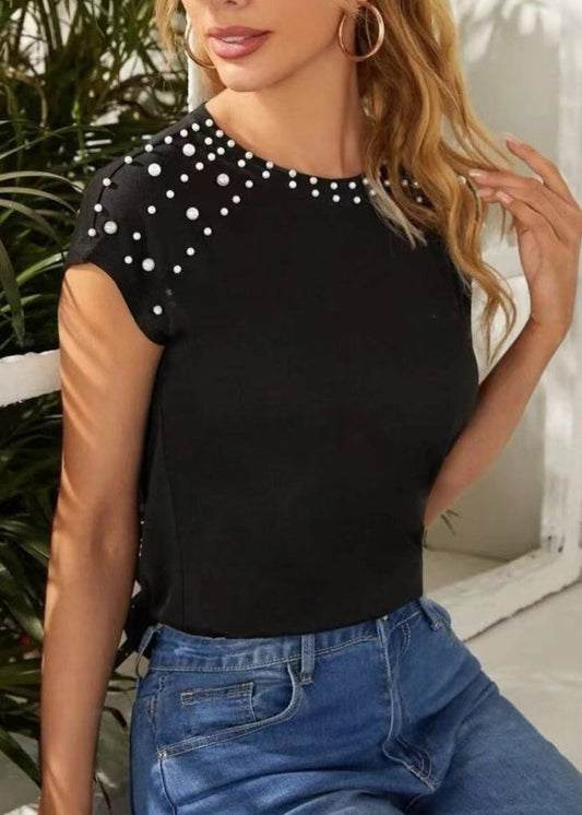 T Original Bead Design Black Summer O-Neck Nail Shirts Cotton