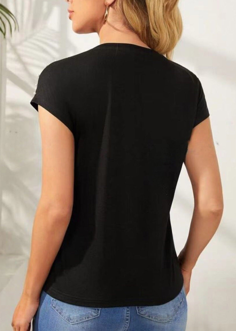 T Original Bead Design Black Summer O-Neck Nail Shirts Cotton