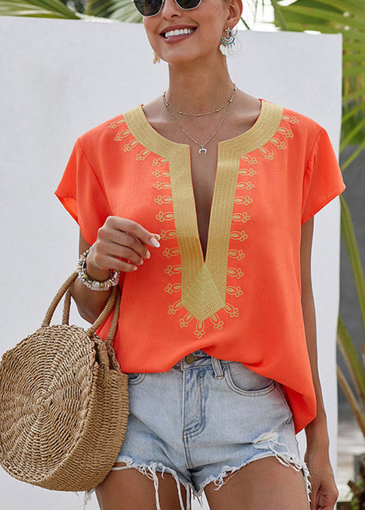 Orange Short Print Sleeve O-Neck Original Design Top