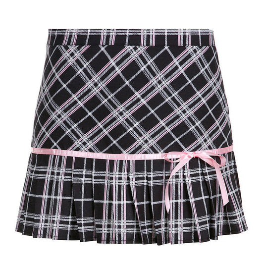 Pink Plaid Ribbon Mini Skirt