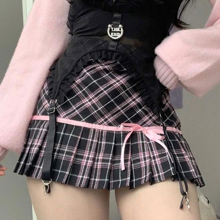 Pink Plaid Ribbon Mini Skirt