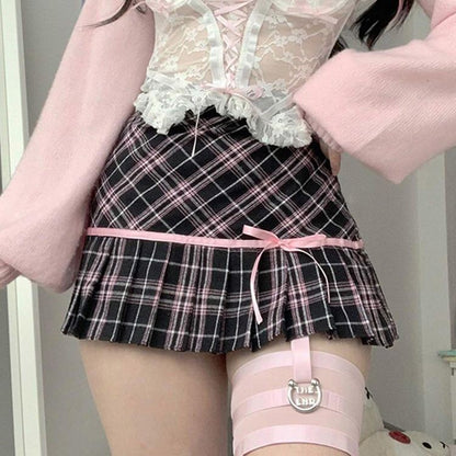 Pink Plaid Ribbon Mini Skirt