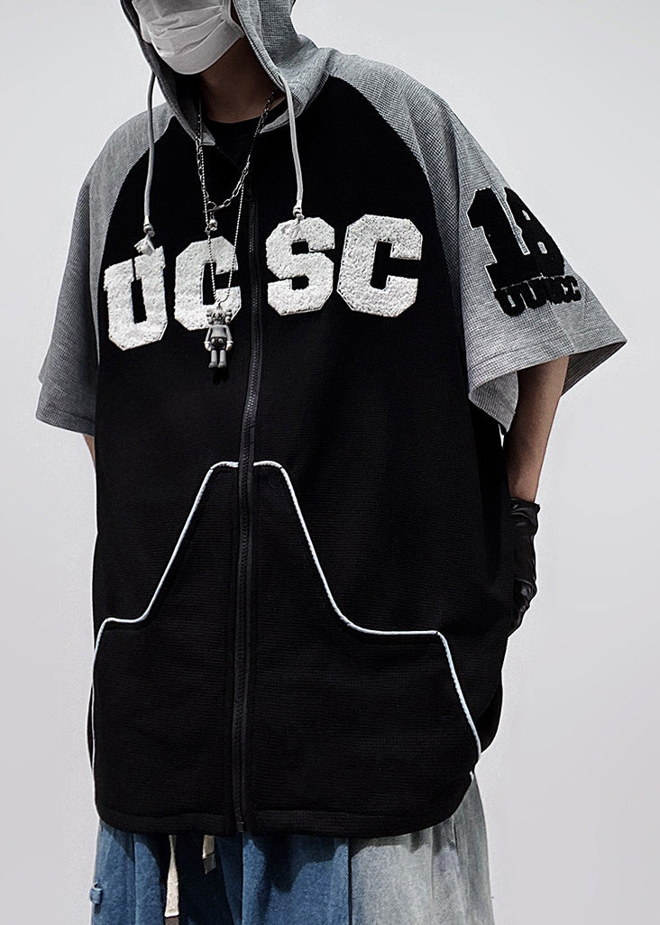 Zippered T Size Sleeve Shirts Hooded Black Half Patchwork Cotton Plus Men