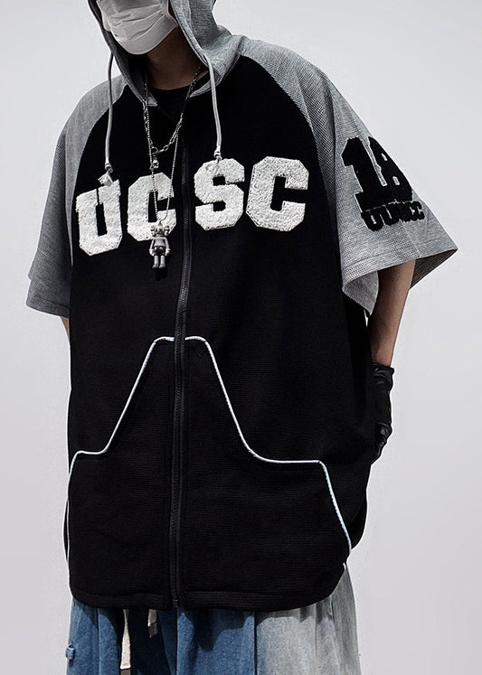 Zippered T Size Sleeve Shirts Hooded Black Half Patchwork Cotton Plus Men