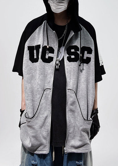 Zippered T Size Sleeve Shirts Hooded Black Half Patchwork Cotton Plus Men