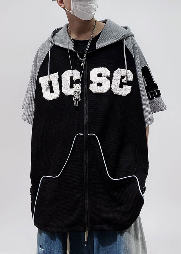 Zippered T Size Sleeve Shirts Hooded Black Half Patchwork Cotton Plus Men