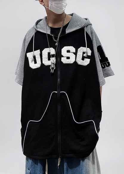 Zippered T Size Sleeve Shirts Hooded Black Half Patchwork Cotton Plus Men