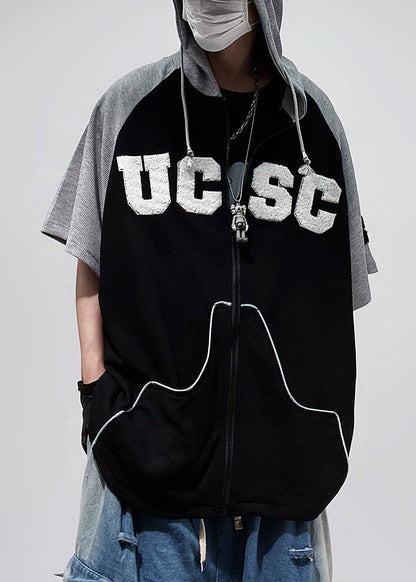 Zippered T Size Sleeve Shirts Hooded Black Half Patchwork Cotton Plus Men